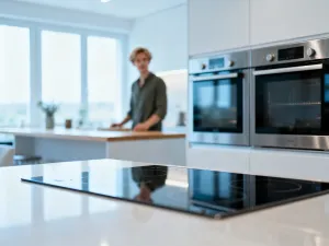 Nowoczesna kuchnia z dużą wyspą ze spieku kwarcowego o marmurowym wzorze, utrzymana w jasnej i minimalistycznej stylistyce.