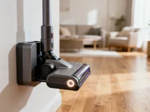 Nowoczesny robot sprzątający na drewnianej podłodze w jasnym, przytulnym salonie.