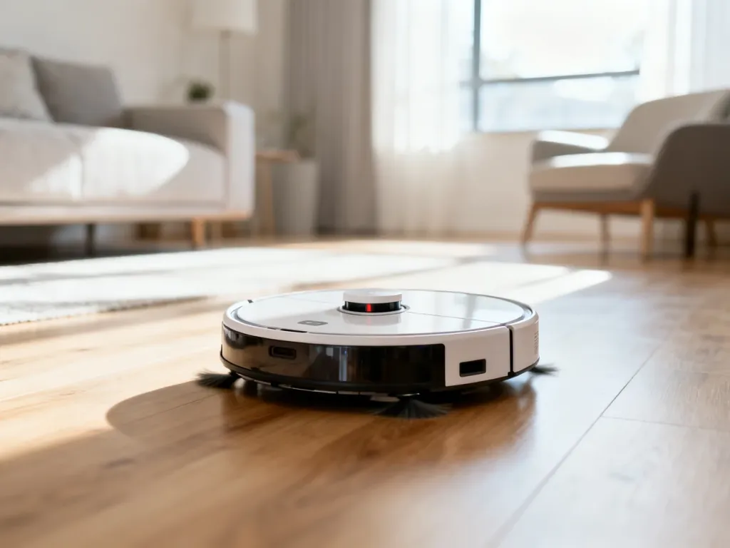 Nowoczesny robot sprzątający odkurzający drewnianą podłogę w jasnym, minimalistycznym salonie.