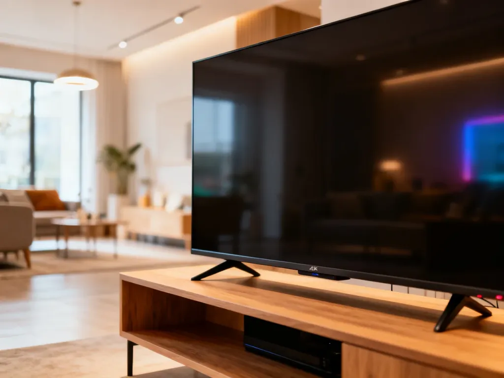 Nowoczesny telewizor 4K Hisense na drewnianej podstawie w jasnym, stylowym salonie o skandynawskim wystroju.